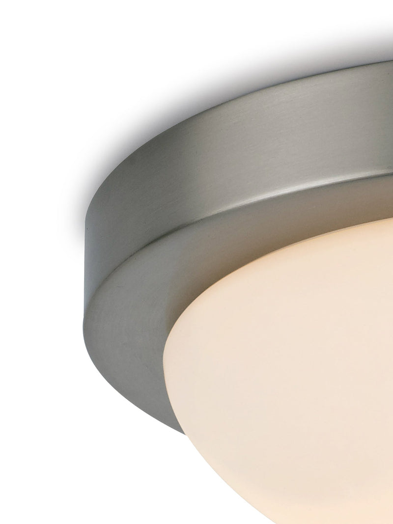 Deco Porter IP44 2 Light E27 Large Flush Ceiling Light, Satin Nickel With Opal White Glass • D0397