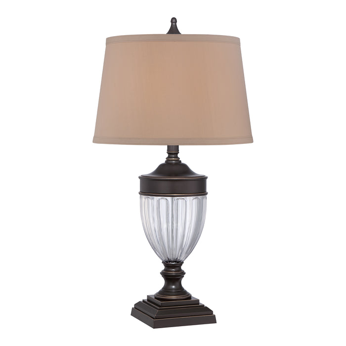 Quoizel QZ-DENNISON-PB Dennison Single Light Table Lamp in Paladian Bronze Finish Complete With Tan Fabric Shade