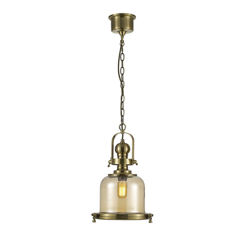 Diyas Riley Single Small Bell Pendant 1 Light E27 Antique Brass/Cognac Glass • IL31593