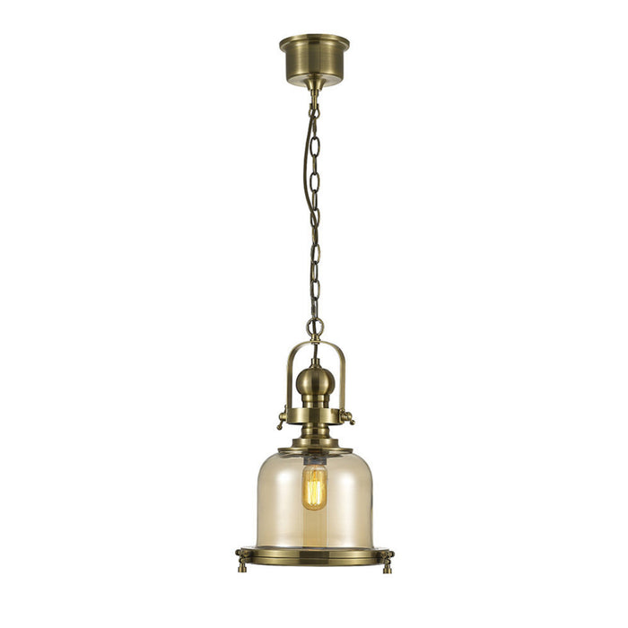 Diyas Riley Single Small Bell Pendant 1 Light E27 Antique Brass/Cognac Glass • IL31593