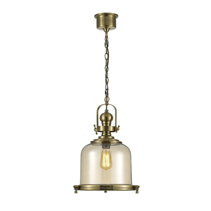Diyas Riley Single Medium Bell Pendant 1 Light E27 Antique Brass/Cognac Glass • IL31594