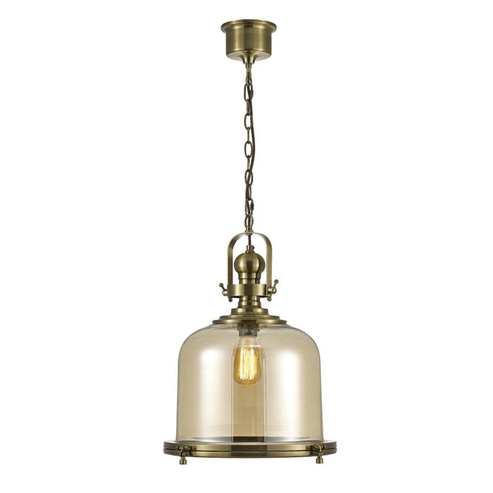 Diyas Riley Single Large Bell Pendant 1 Light E27 Antique Brass/Cognac Glass • IL31595