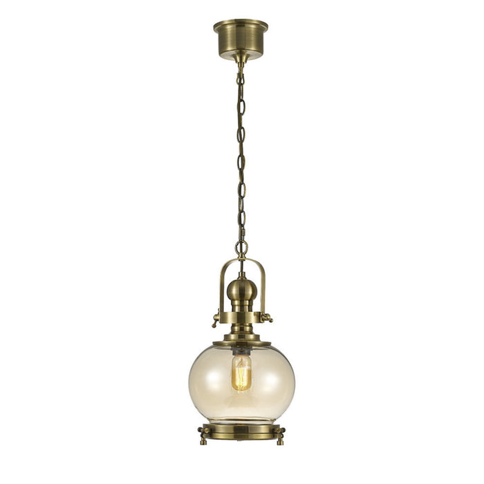 Diyas Riley Single Small Ball Pendant 1 Light E27 Antique Brass/Cognac Glass • IL31596