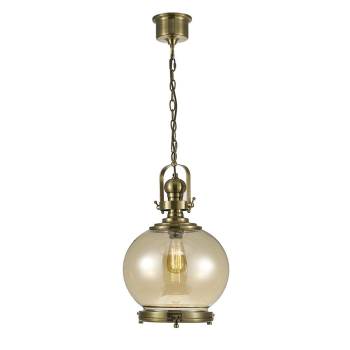 Diyas Riley Single Medium Ball Pendant 1 Light E27 Antique Brass/Cognac Glass • IL31597