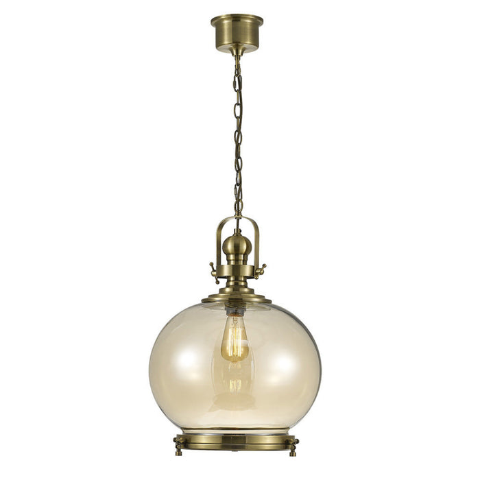 Diyas Riley Single Large Ball Pendant 1 Light E27 Antique Brass/Cognac Glass • IL31598