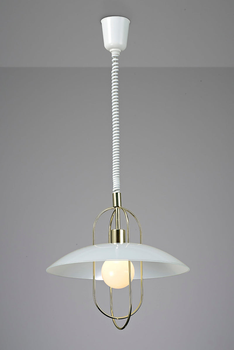 Deco Riva Rise & Fall Pendant 1 Light E27, Polished Brass/Opal White Glass Shade • D0266