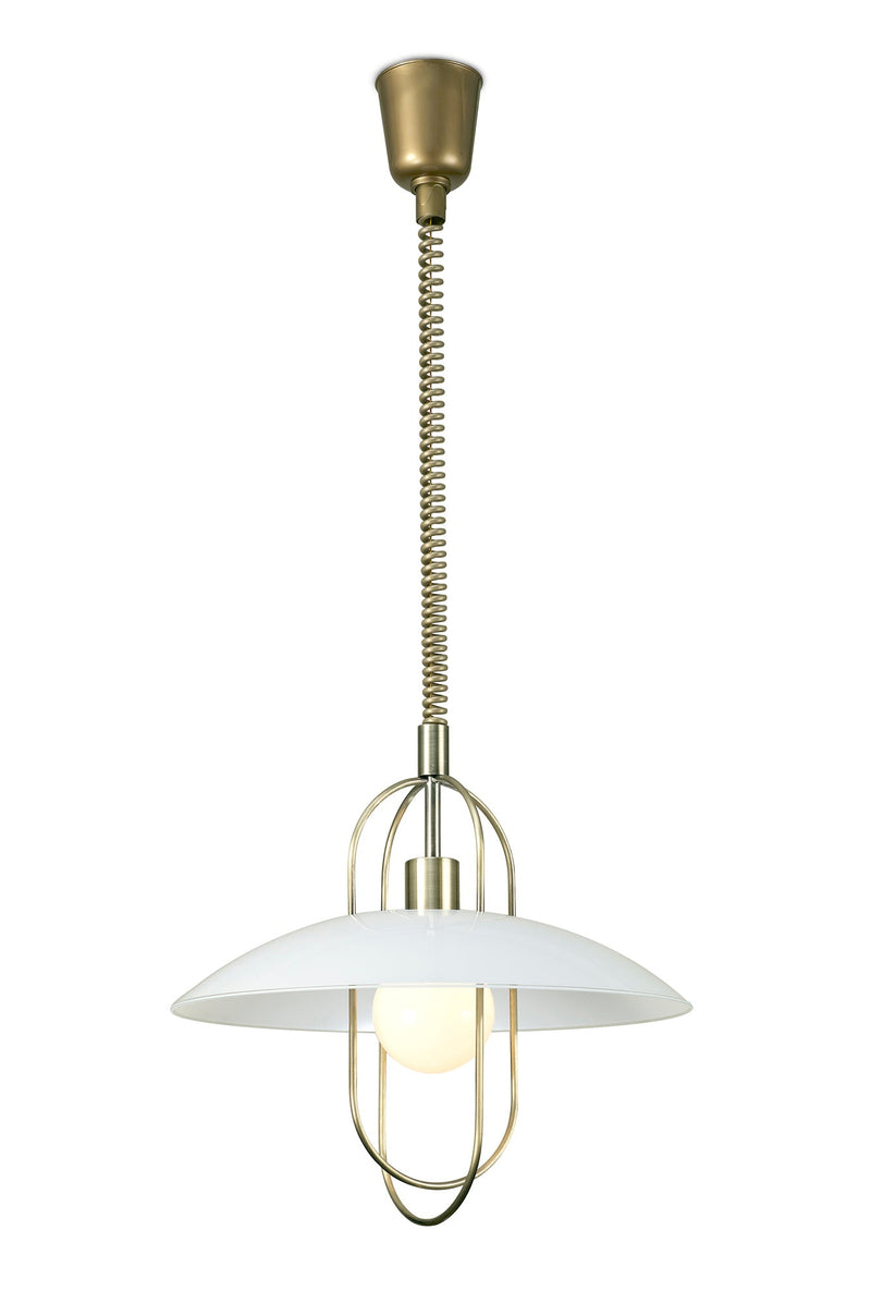 Deco Riva Rise & Fall Pendant 1 Light E27, Antique Brass/Opal White Glass Shade • D0267