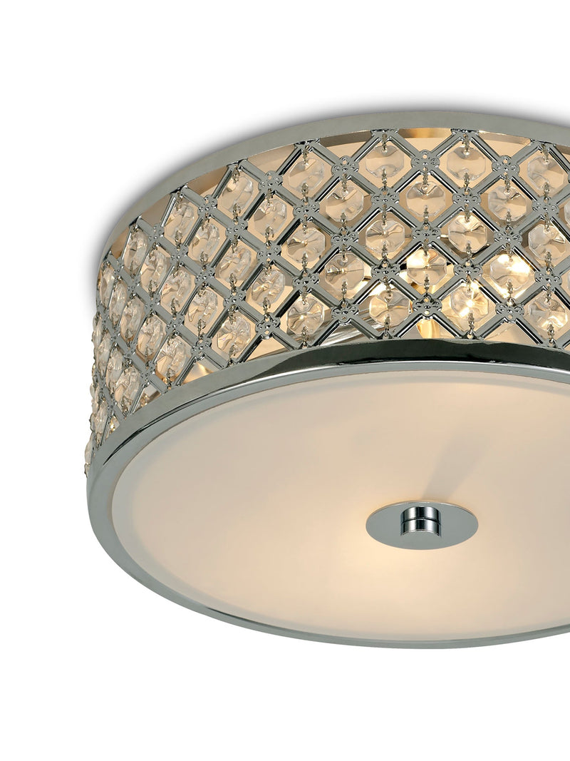 Deco Sasha 2 Light E14, Flush Ceiling Light, 300mm Round, Polished Chrome With Crystal Glass And Opal Glass Diffuser • D0411