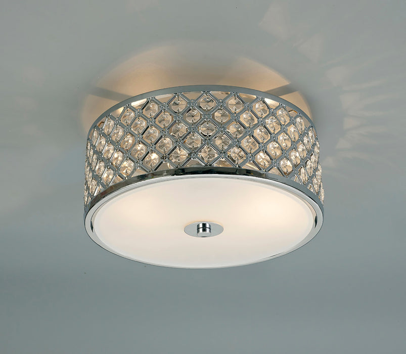 Deco Sasha 2 Light E14, Flush Ceiling Light, 300mm Round, Polished Chrome With Crystal Glass And Opal Glass Diffuser • D0411