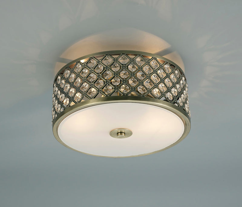 Deco Sasha 2 Light E14, Flush Ceiling Light, 300mm Round, Antique Brass With Crystal Glass And Opal Glass Diffuser • D0412