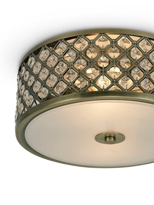 Deco Sasha 2 Light E14, Flush Ceiling Light, 300mm Round, Antique Brass With Crystal Glass And Opal Glass Diffuser • D0412