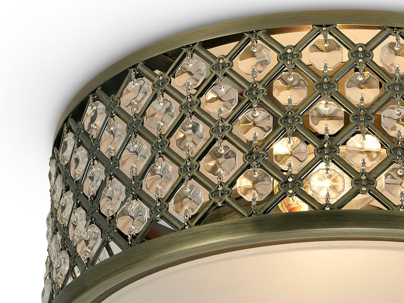 Deco Sasha 2 Light E14, Flush Ceiling Light, 300mm Round, Antique Brass With Crystal Glass And Opal Glass Diffuser • D0412
