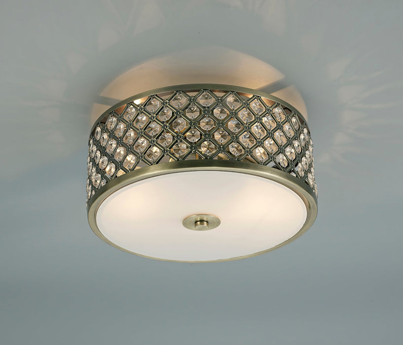 Deco Sasha 2 Light E14, Flush Ceiling Light, 300mm Round, Antique Brass With Crystal Glass And Opal Glass Diffuser • D0412
