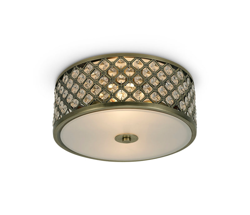 Deco Sasha 2 Light E14, Flush Ceiling Light, 300mm Round, Antique Brass With Crystal Glass And Opal Glass Diffuser • D0412