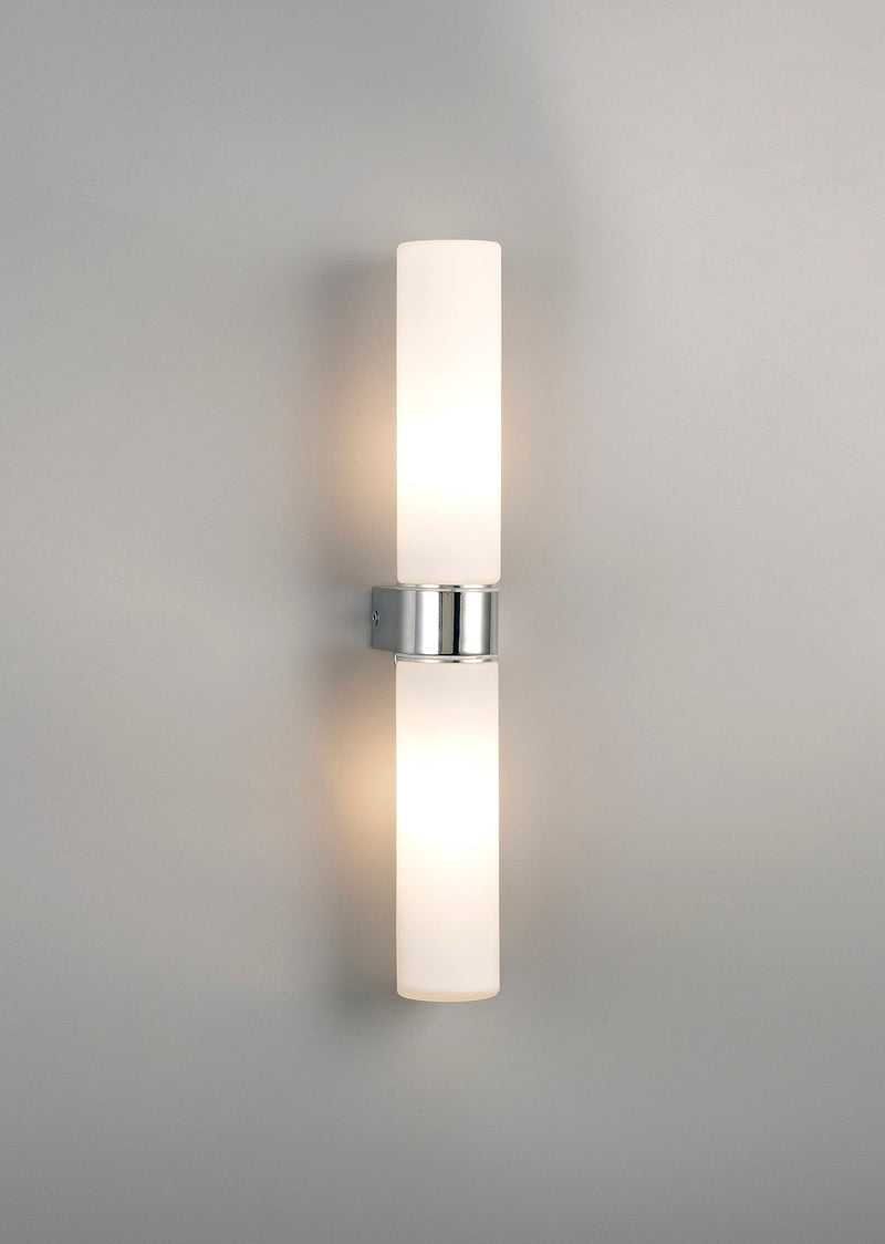 Deco Tasso IP44 2 Light E14 Twin Wall Lamp, Polished Chrome With Opal Tubular Glass • D0386