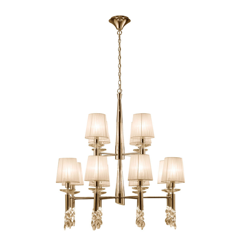 Mantra M3850FG Tiffany Pendant 2 Tier 12+12 Light E14+G9, French Gold With Cream Shades & Clear Crystal • M3850FG