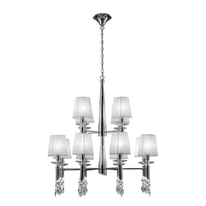 Mantra M3850 Tiffany Pendant 2 Tier 12+12 Light E14+G9, Polished Chrome With White Shades & Clear Crystal • M3850