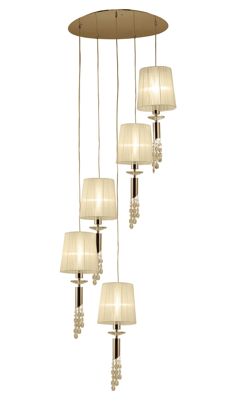 Mantra M3857FG Tiffany Pendant 5+5 Light E27+G9 Spiral, French Gold With Cream Shades & Clear Crystal • M3857FG