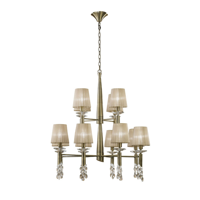 Mantra M3870 Tiffany Pendant 2 Tier 12+12 Light E14+G9, Antique Brass With Soft Bronze Shades & Clear Crystal • M3870