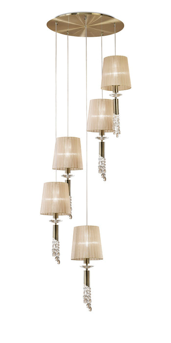 Mantra M3877 Tiffany Pendant 5+5 Light E27+G9 Spiral, Antique Brass With Soft Bronze Shades & Clear Crystal • M3877