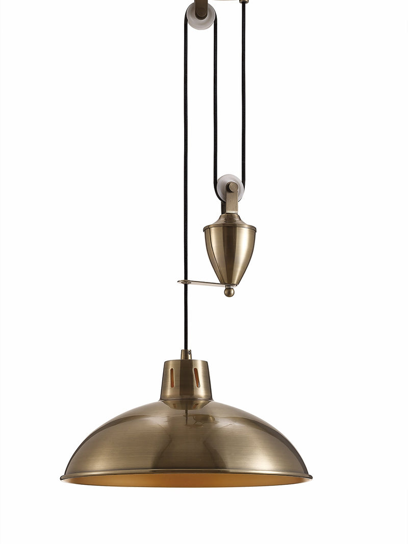 Deco Wellington Pulley System Pendant 1 Light E27 Antique Brass • D0147