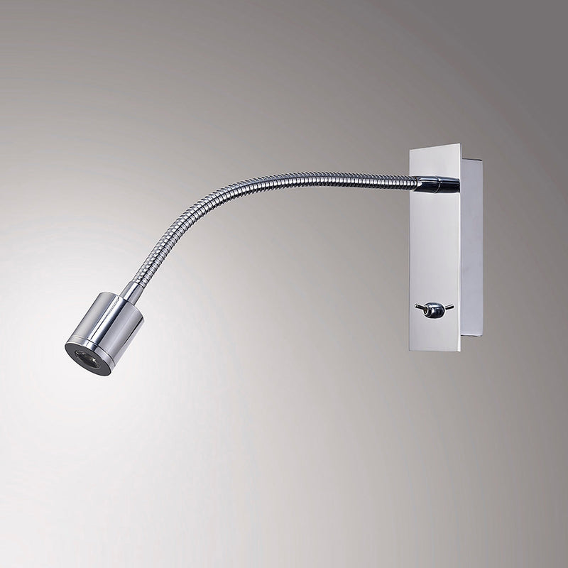 Deco Winslow 3W LED Cylinder Head Wall Lamp With Flexible Arm, Beam 45 Deg, Switch On Base, Polished Chrome, 3yrs Warranty • D0194